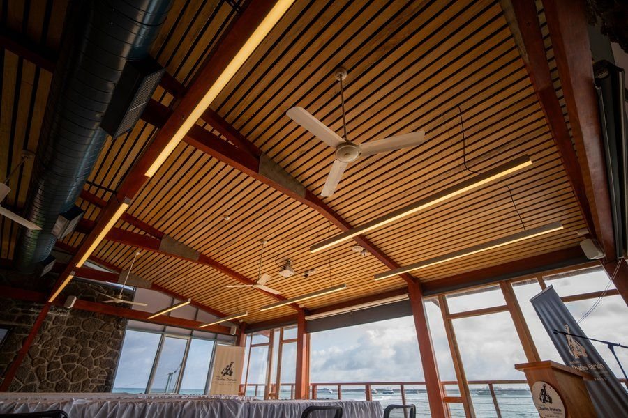 Hall interior — Timber structure and ocean frontage